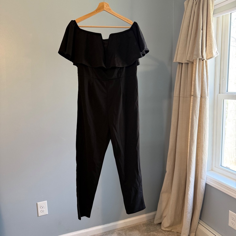 Women's L Black Off Shoulder Ruffle Jumpsuit Flounce Elegant Formal Side Zip